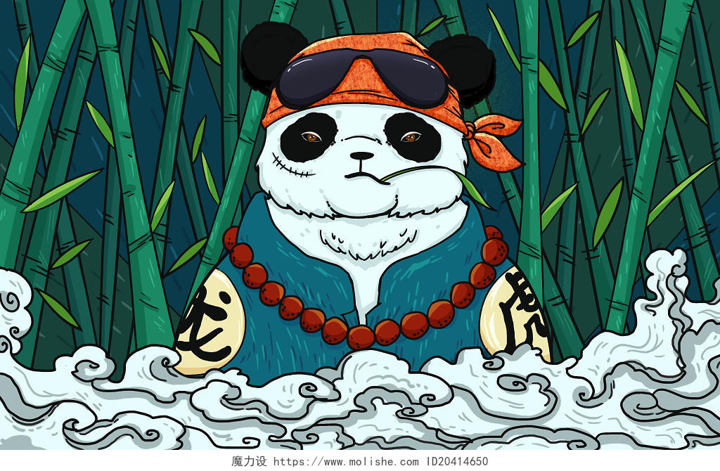 国潮绿色竹林中国风动物熊猫祥云元素原创插画海报背景